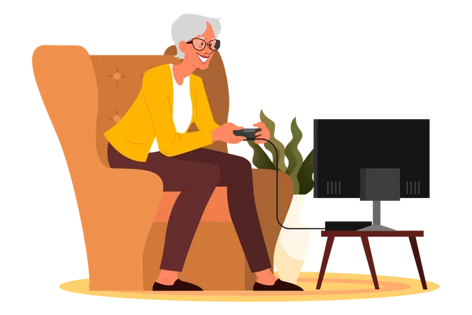 Old woman playing video games  イラスト