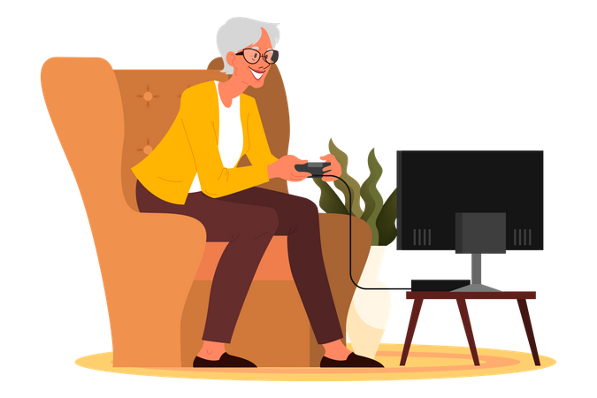 Old woman playing video games  Illustration