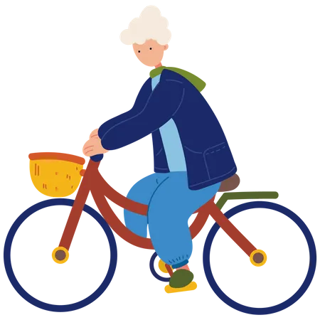 Old Woman Riding Bicycle Vector Illustration In Flat Color Design Illustration