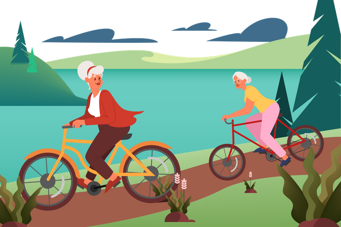 Old woman riding bicycle with friend in the forest Illustration