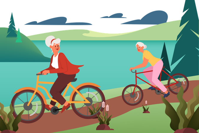 Old woman riding bicycle with friend in the forest  Illustration