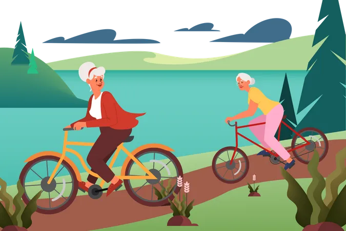 Old woman riding bicycle with friend in the forest  Illustration