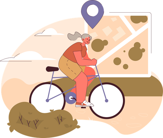 自転車に乗りながら地図を使う老婦人  イラスト