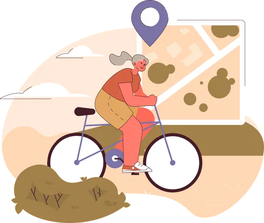 自転車に乗りながら地図を使う老婦人  イラスト