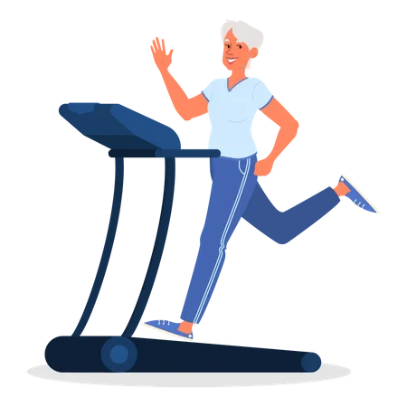 Old woman running on treadmill  Illustration