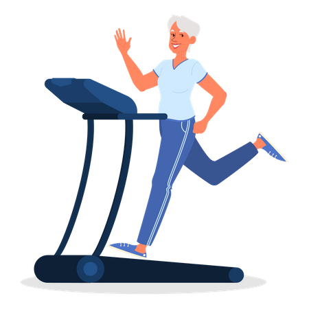 Old woman running on treadmill  Illustration