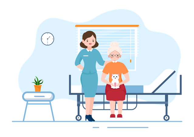 Old Woman Seating On Bed and nurse taking care  Illustration