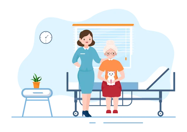 Old Woman Seating On Bed and nurse taking care  Illustration