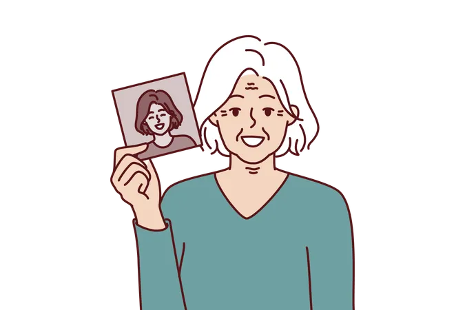 Elderly Gray Haired Woman Shows Own Old Photo For Concept Of Memory Of Past And Nostalgia Elderly Grandmother With Smile Holds Black And White Portrait To Show What She Looked Like In Youth Illustration