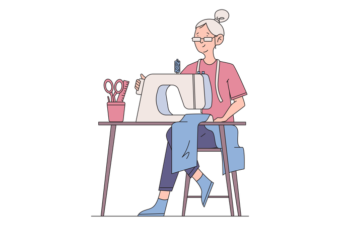 Old woman sew using sewing machine Illustration