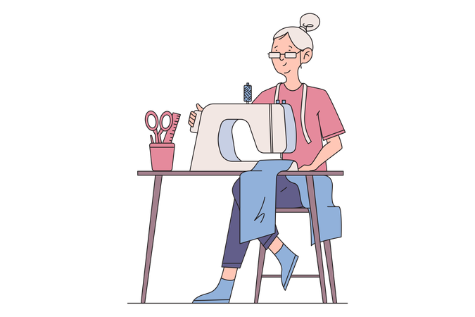 Old woman sew using sewing machine  Illustration