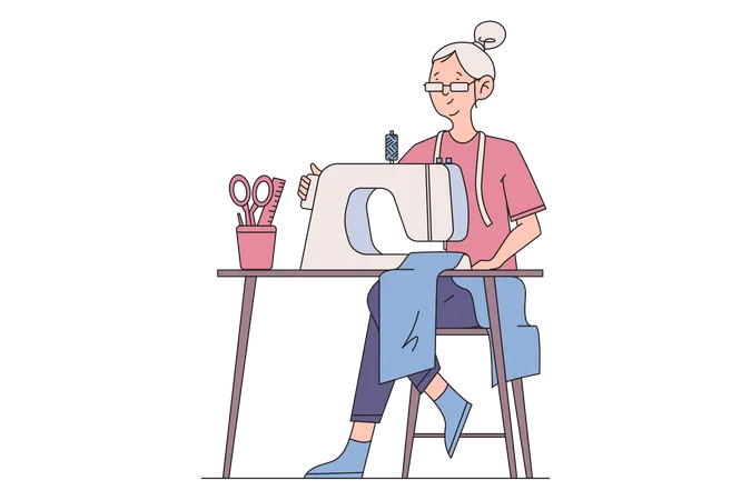 Old woman sew using sewing machine  Illustration