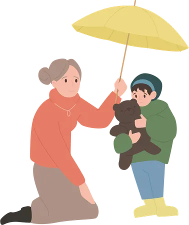 Old woman sharing umbrella with child  Illustration