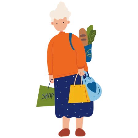 Old Woman Shopping Vector Illustration In Flat Color Design Illustration
