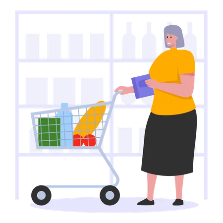 Old woman shopping for groceries  Illustration