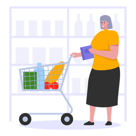 Old woman shopping for groceries  Illustration