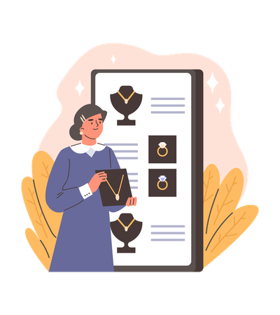 Old woman showing neckless at Jewellery shop  Illustration
