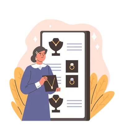 Old woman showing neckless at Jewellery shop  Illustration