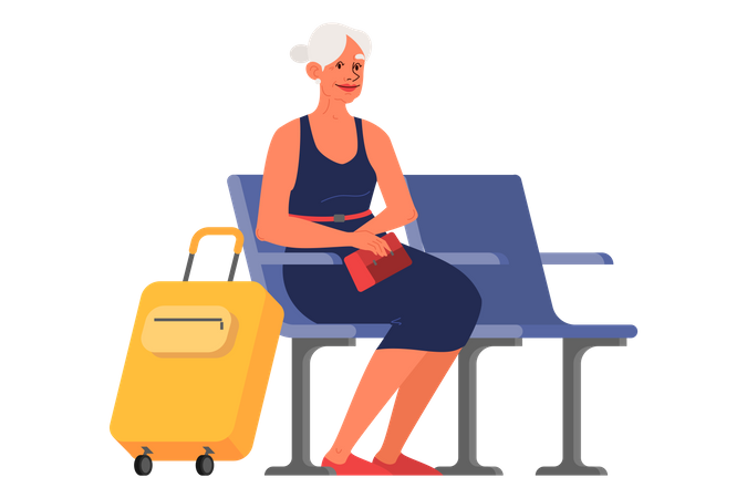 Old woman sitting at airport waiting terminal  Illustration