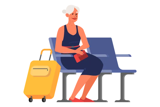 Old woman sitting at airport waiting terminal  Illustration