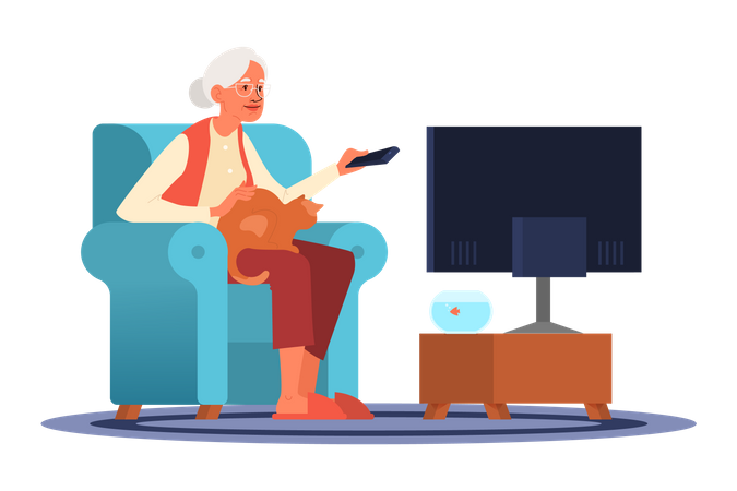 Old woman sitting in armchair with cat and watching TV Illustration