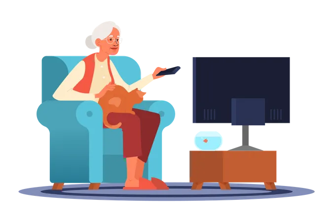 Old Woman Sitting In An Armchair With A Cat On Her Lap And Watching TV Old People Lifestyle Concept Senior Woman Relaxing At Home Vector Illustration In Cartoon Style Illustration