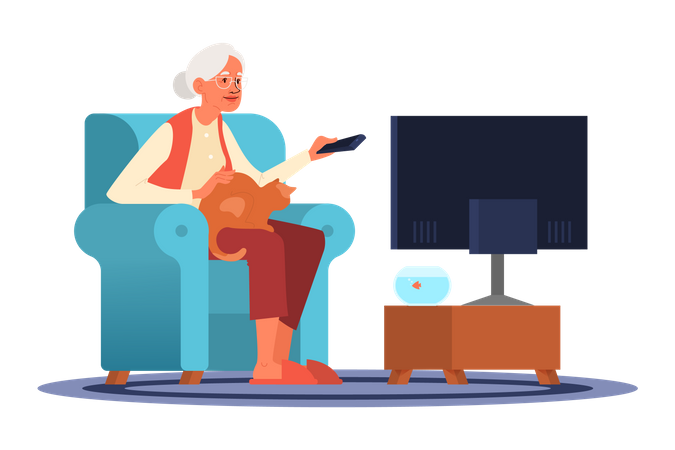 Old woman sitting in armchair with cat and watching TV  Illustration