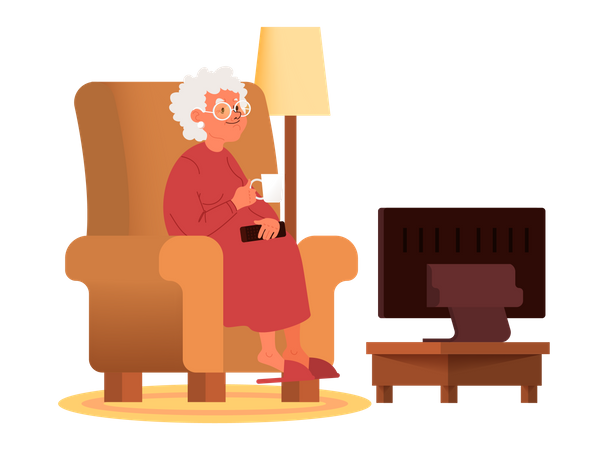 Old woman sitting in armchair with coffee cup and watching TV Illustration