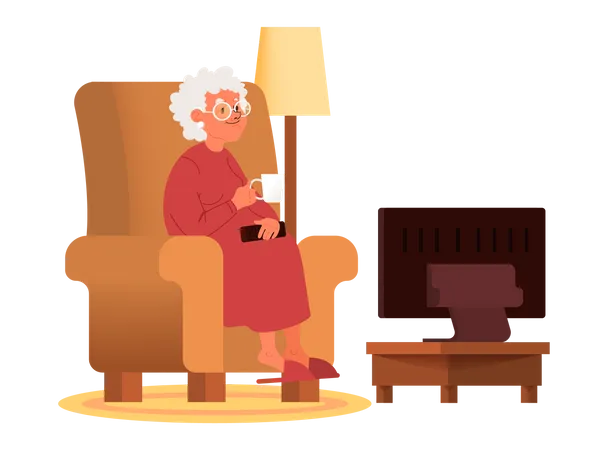 Old Woman Sitting In An Armchair With A Cup Of Tea And Watching TV Old People Lifestyle Concept Senior Woman Relaxing At Home Vector Illustration In Cartoon Style Illustration