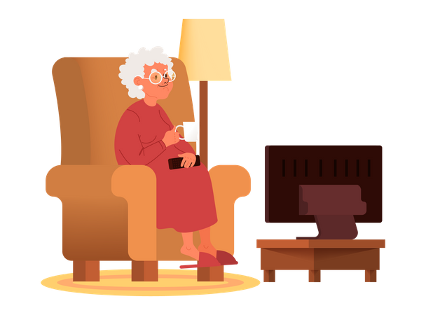 Old woman sitting in armchair with coffee cup and watching TV  Illustration