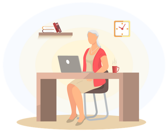 Old woman sitting with computer at workplace Illustration