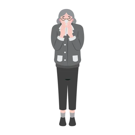 Old Woman Sneezing With Runny Nose  イラスト