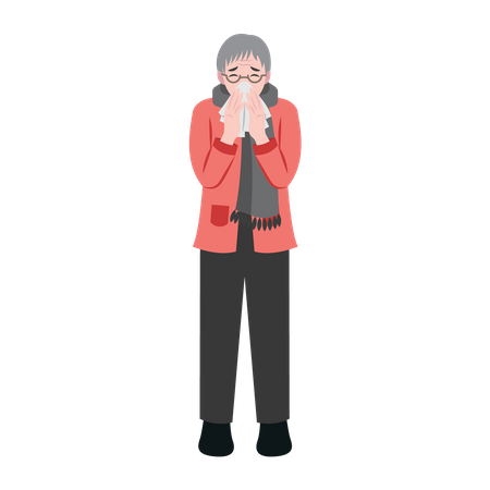 Old Woman Sneezing With Runny Nose  イラスト
