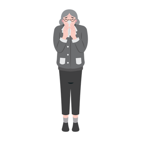 Old Woman Sneezing With Runny Nose  Illustration