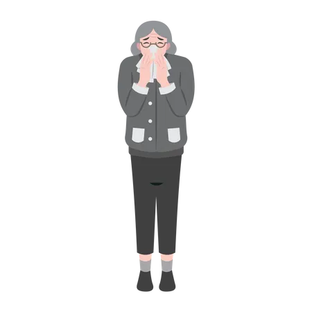 Old Woman Sneezing With Runny Nose  Illustration