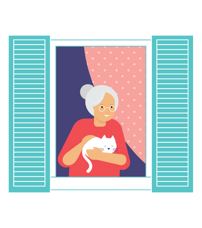 Old woman standing in window with her cat Illustration