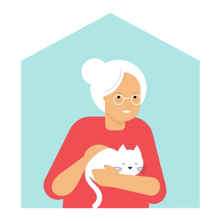 Old woman standing in window with her cat  Illustration