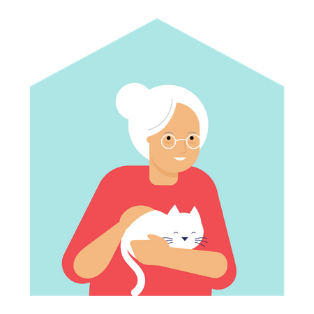 Old woman standing in window with her cat  Illustration