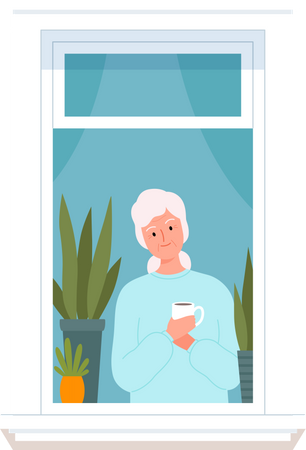 Old woman standing on window with coffee  일러스트레이션