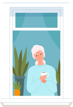 Old woman standing on window with coffee  Illustration