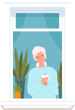 Old woman standing on window with coffee  Illustration