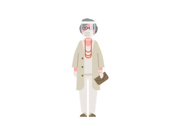 Old woman standing wearing face shield, mask and gloves  Illustration