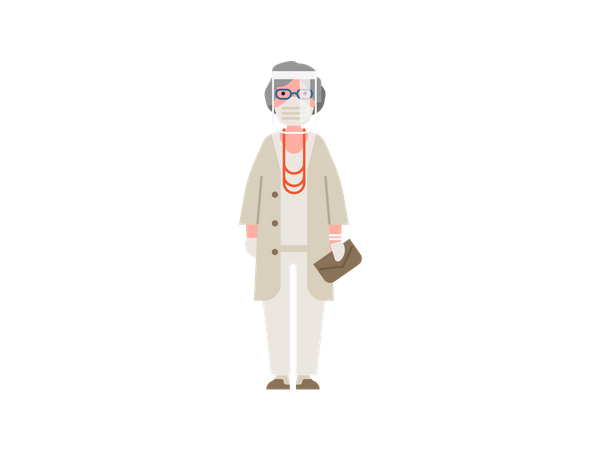 Old woman standing wearing face shield, mask and gloves  Illustration