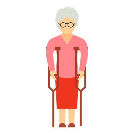 Old Woman Standing with Crutches for Support  Illustration