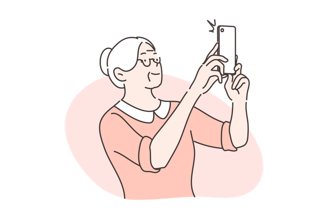 Old woman taking photo using mobile  일러스트레이션