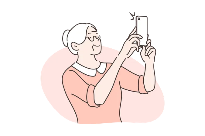 Old woman taking photo using mobile  イラスト