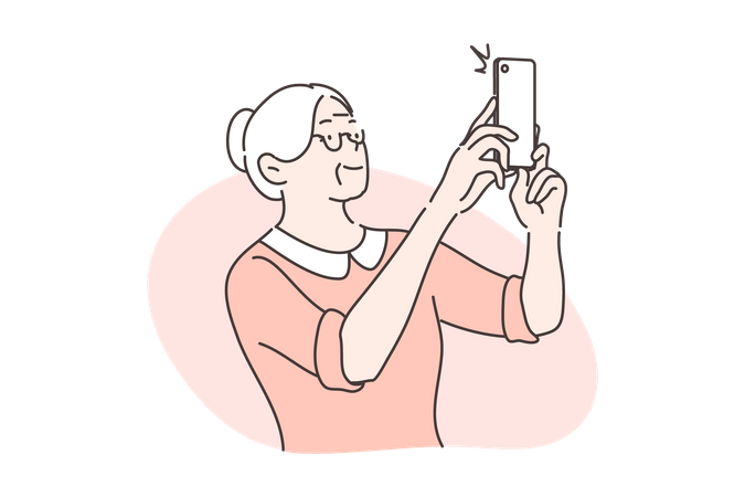 Old woman taking photo using mobile  Illustration
