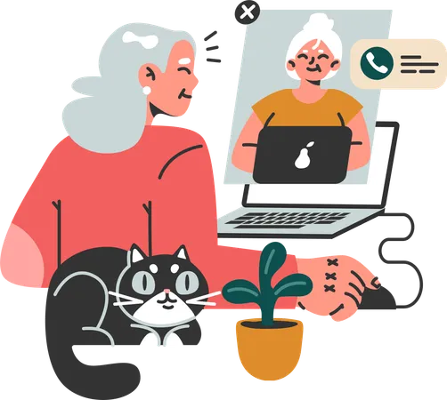 Old woman talking by video call with her friends  Illustration