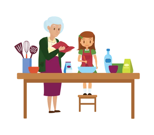 Old woman teaching cooking to little girl  Illustration