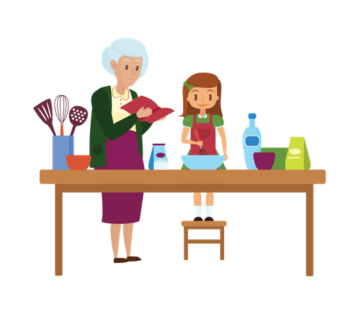 Old woman teaching cooking to little girl  Illustration